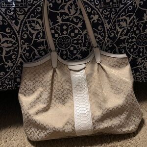 Coach Cream Signature Canvas Shoulder Tote with White Trim
